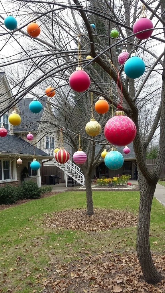 Colorful ornaments hanging from trees in a yard