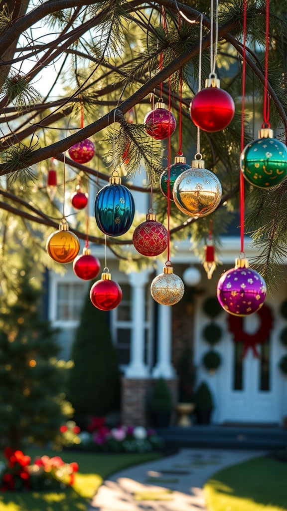 Colorful Christmas ornaments hanging from tree branches in a decorated outdoor setting.