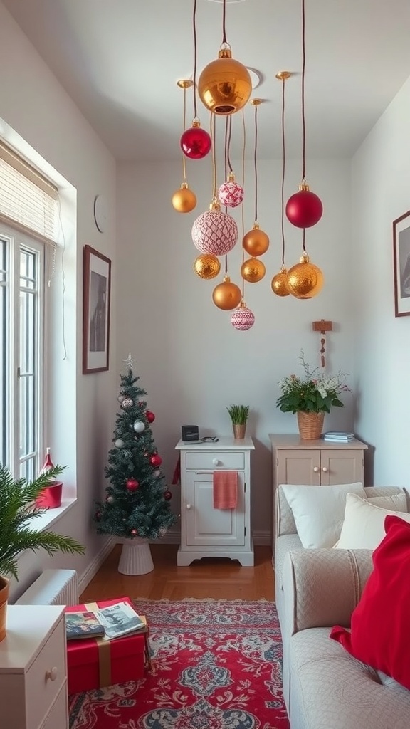 Colorful Christmas ornaments hanging from the ceiling in a small apartment living room.