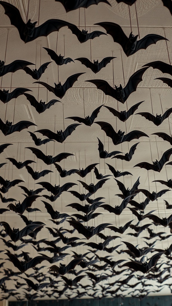 A ceiling covered with hanging paper bats for Halloween decoration.