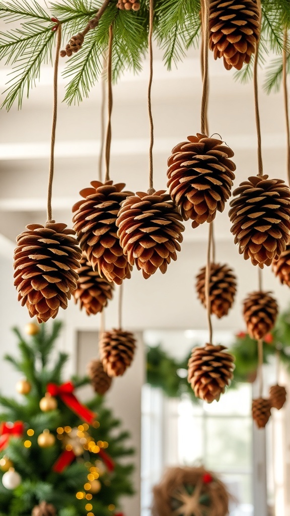Hanging pine cones with greenery for Christmas decor