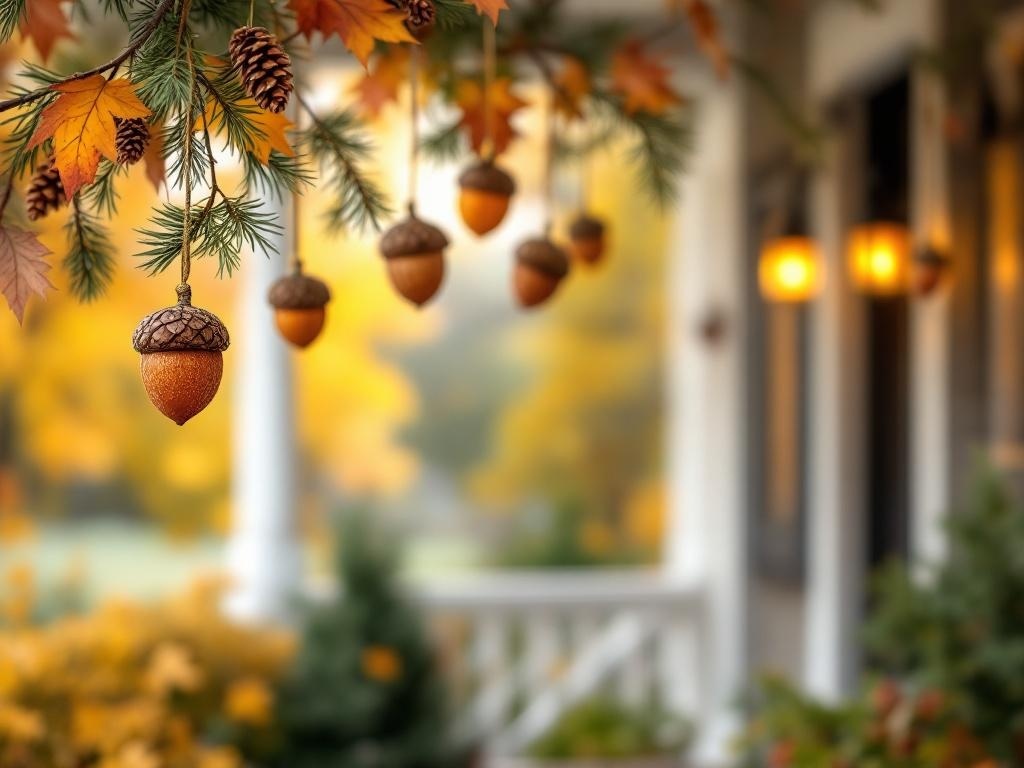Pinecone and acorn ornaments hanging from a branch with autumn leaves in the background