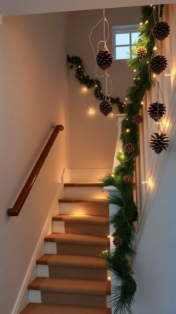 A staircase decorated with a pinecone garland and lights.