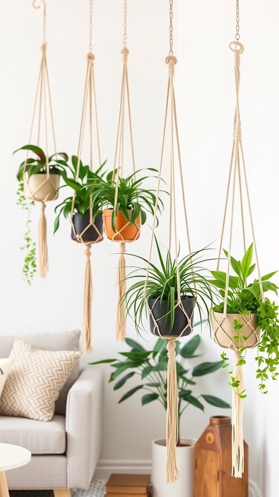 Hanging plants in macrame holders displayed in a bright living room