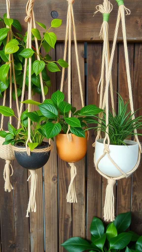 Three hanging plant holders with various plants against a wooden wall.