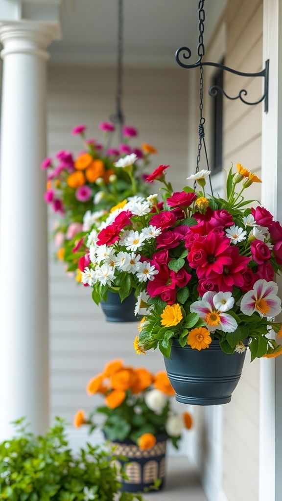 Colorful hanging planters with seasonal flowers on a front porch