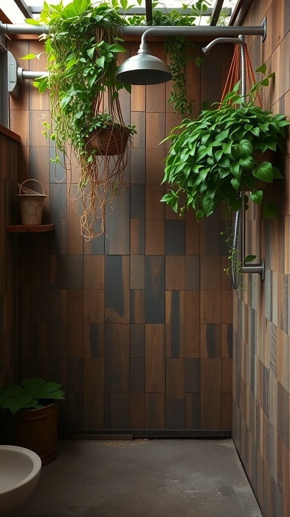 A rustic walk-in shower featuring hanging plants for a fresh look.