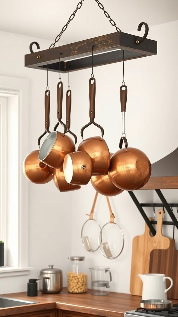 Hanging pot rack with copper cookware in a farmhouse kitchen