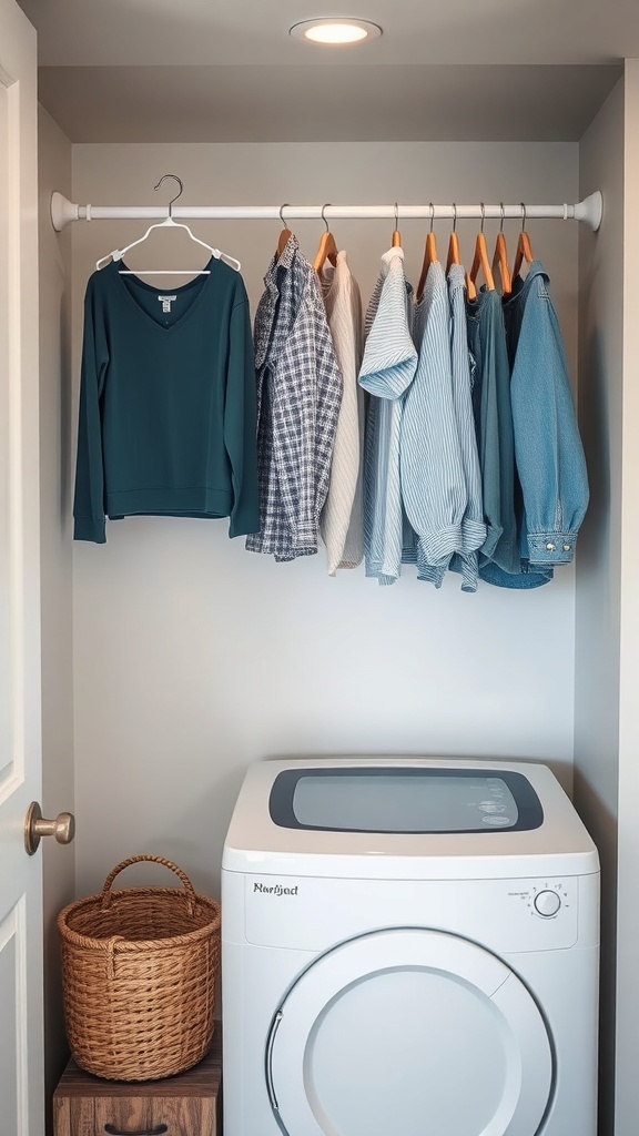 A small laundry room featuring a hanging rod with clothes organized neatly above a washing machine and a woven basket.
