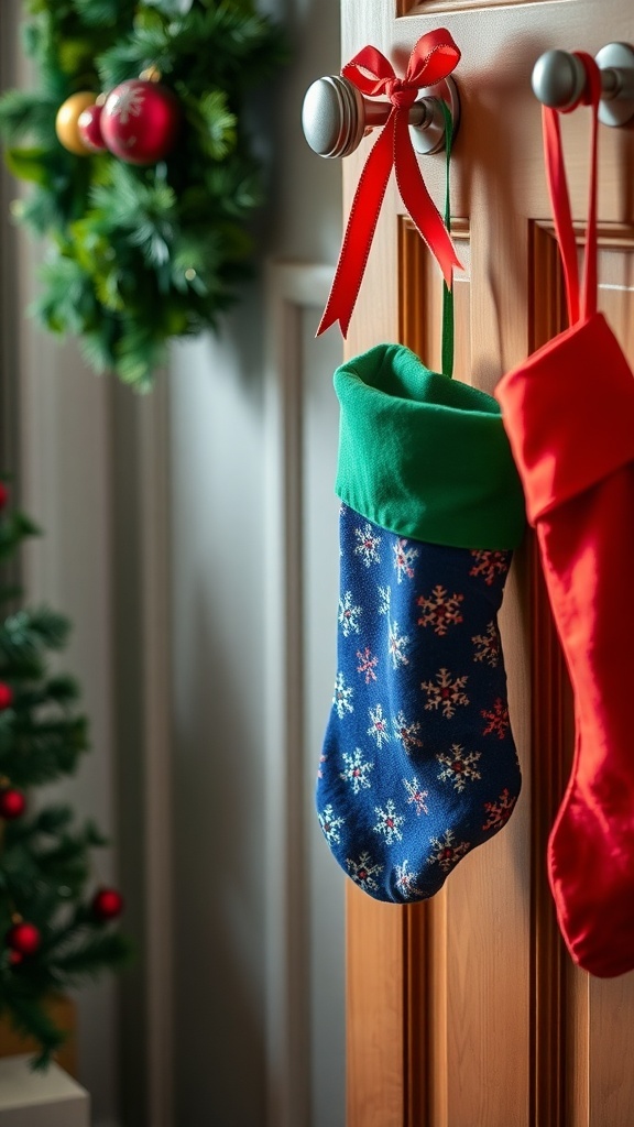 Colorful Christmas stockings hanging on a door with a wreath in the background.