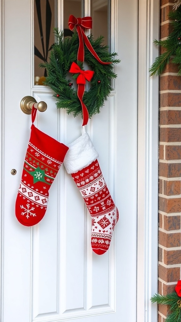 Two festive Christmas stockings hanging on a front door with a wreath.
