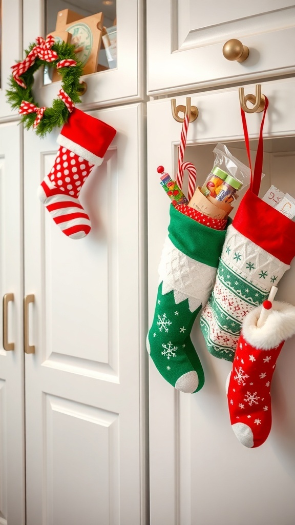 Colorful Christmas stockings hanging on kitchen cabinets