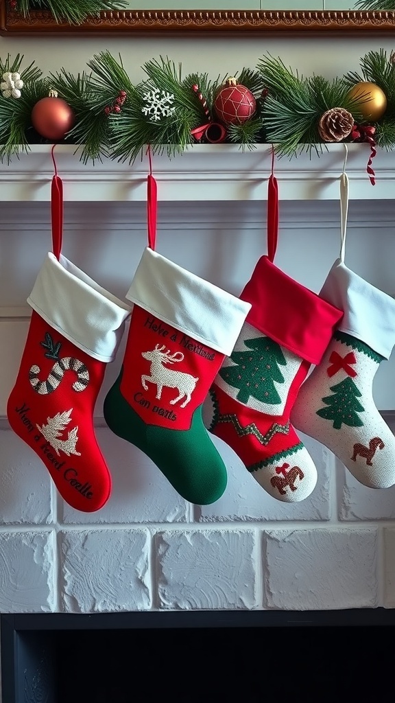Colorful Christmas stockings hanging on a mantel with festive decorations.