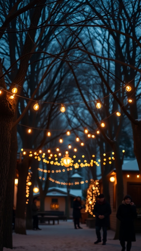 Outdoor winter decor with hanging string lights illuminating a snowy path.