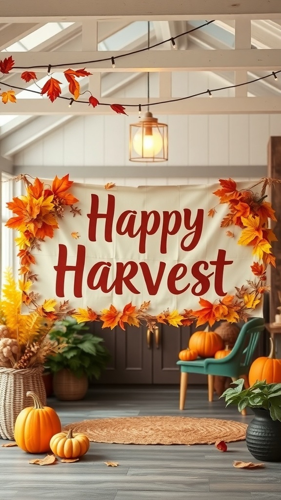 A 'Happy Harvest' banner decorated with autumn leaves, surrounded by pumpkins in a cozy indoor setting.