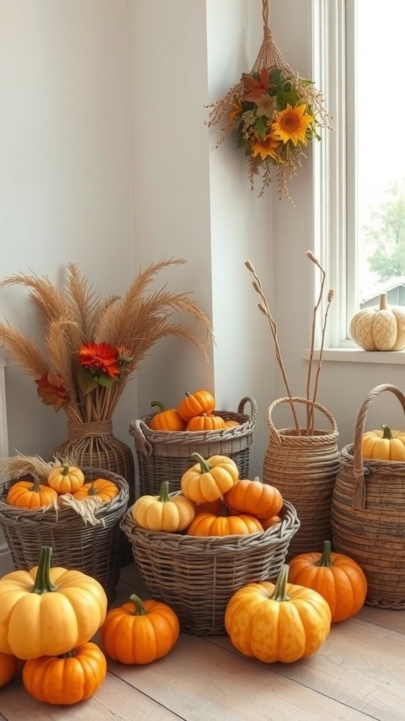 Cozy fall room decor featuring pumpkins in woven baskets and dried flowers.