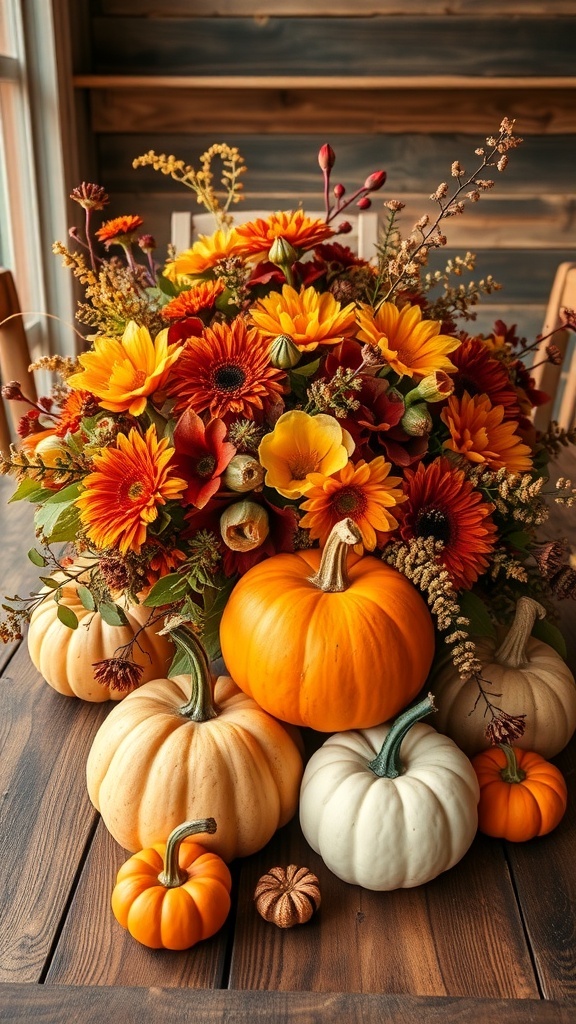 A beautiful fall centerpiece featuring sunflowers and pumpkins on a wooden table.