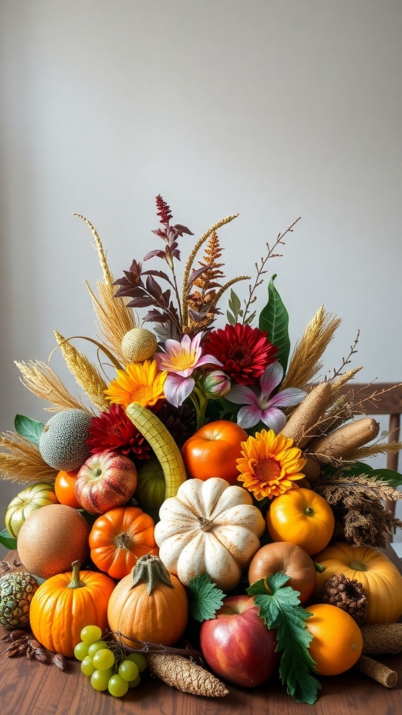 A beautiful harvest-inspired centerpiece featuring pumpkins, gourds, apples, and seasonal flowers, creating a warm autumn vibe.
