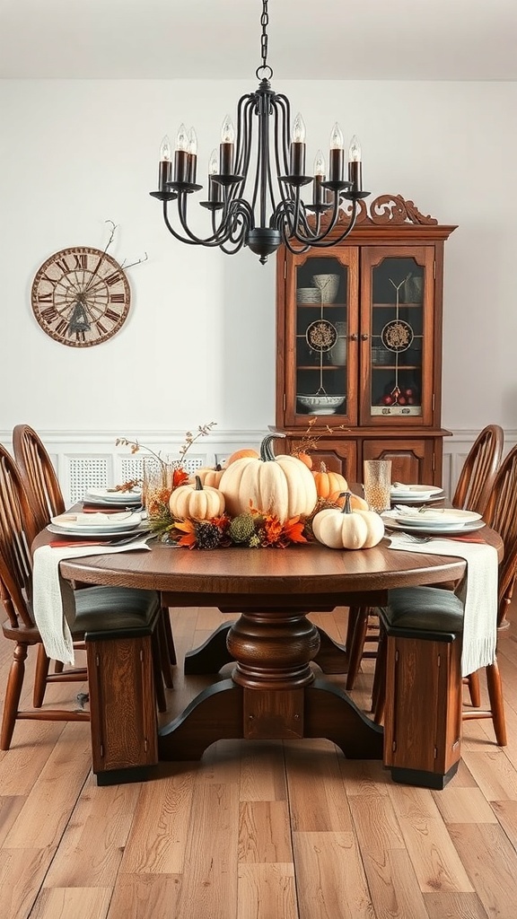 A cozy dining table decorated with pumpkins and autumn leaves, featuring a chandelier above.