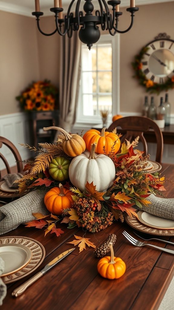 A fall-themed dining table centerpiece featuring pumpkins and autumn leaves.