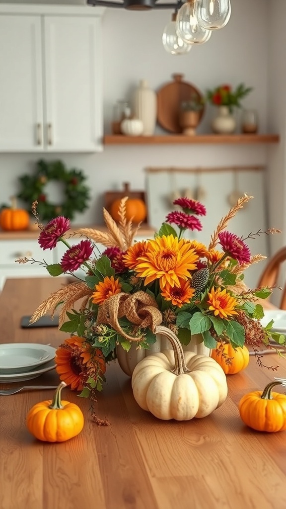A fall kitchen centerpiece featuring sunflowers, zinnias, and pumpkins on a wooden table.