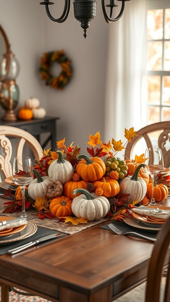 A beautifully arranged fall centerpiece featuring pumpkins and autumn leaves on a dining table.