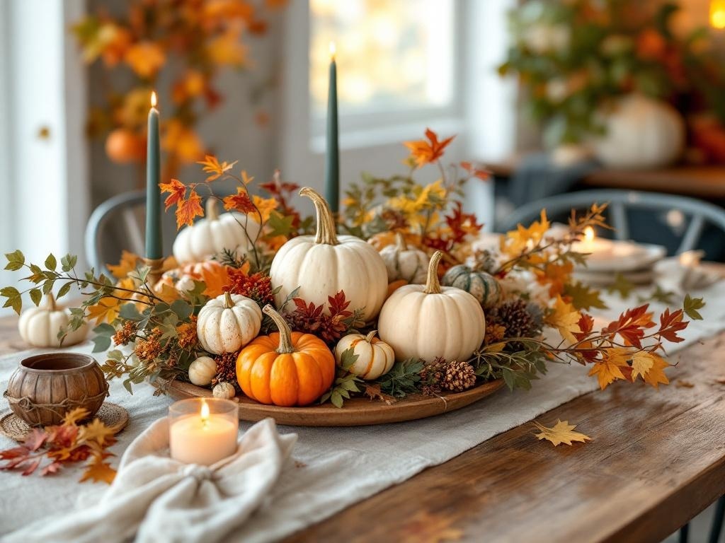 A harvest-inspired centerpiece featuring pumpkins, autumn leaves, and candles on a wooden table.