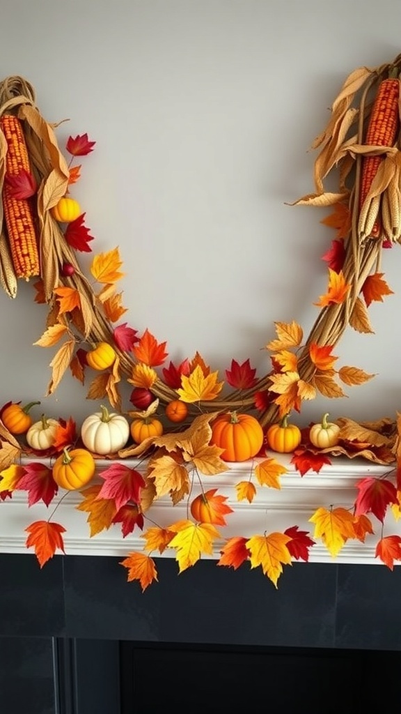 A decorative garland with colorful autumn leaves, corn, and mini pumpkins on a mantel.