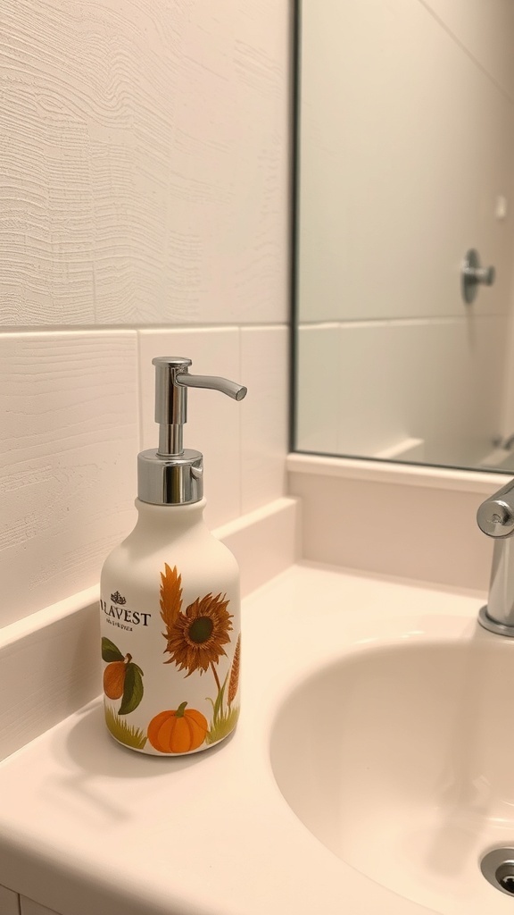 A harvest-inspired soap dispenser with sunflowers and pumpkins on a bathroom sink.