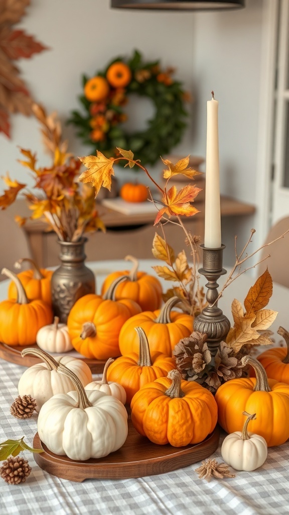 A beautifully arranged Thanksgiving table featuring pumpkins, autumn leaves, and a candle.