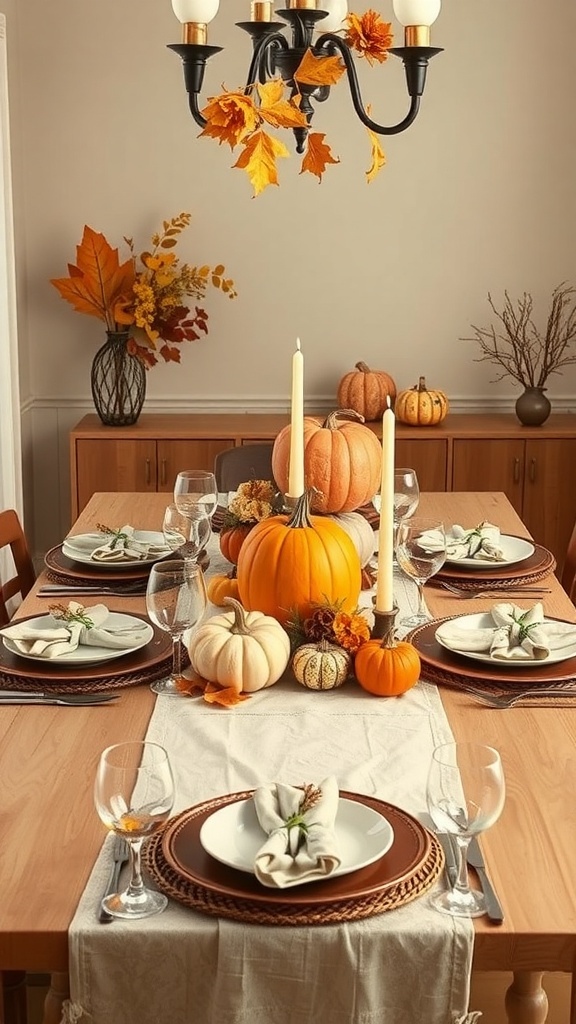 A beautifully set Thanksgiving dinner table with pumpkins, candles, and autumn leaves.