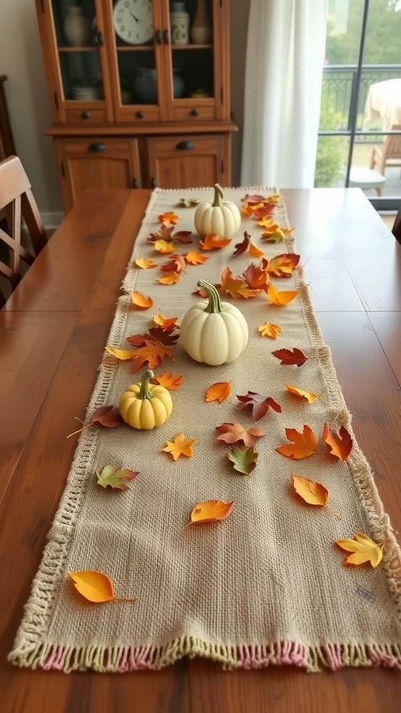 A burlap table runner with small pumpkins and autumn leaves on a wooden dining table.