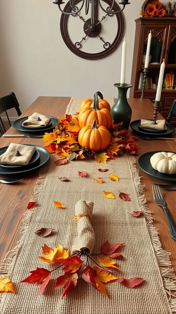 A rustic dining table decorated with a burlap runner, pumpkins, autumn leaves, and candles.