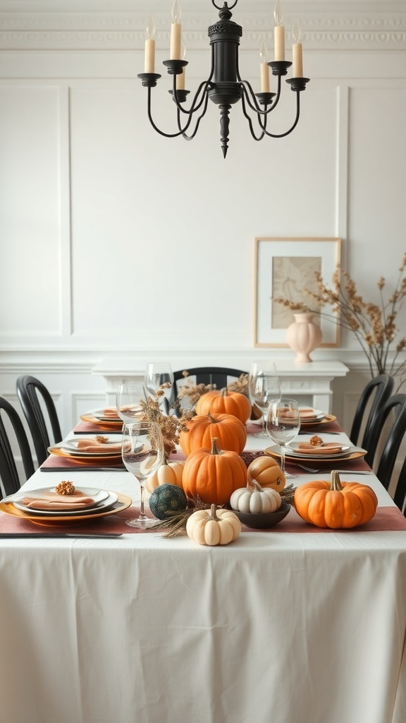 A harvest-inspired table setting with pumpkins, plates, and a chandelier