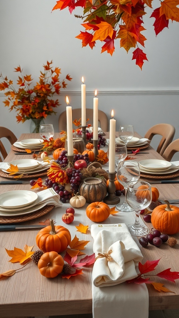 A beautifully arranged fall table setting with pumpkins, autumn leaves, and candles.