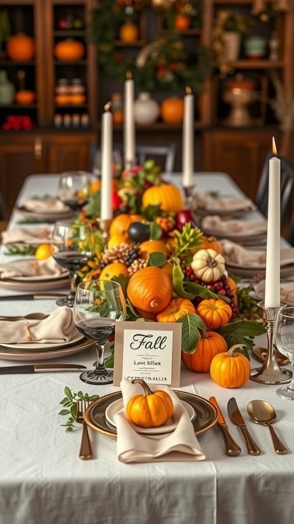 A beautifully arranged fall table setting featuring pumpkins, candles, and autumn leaves.