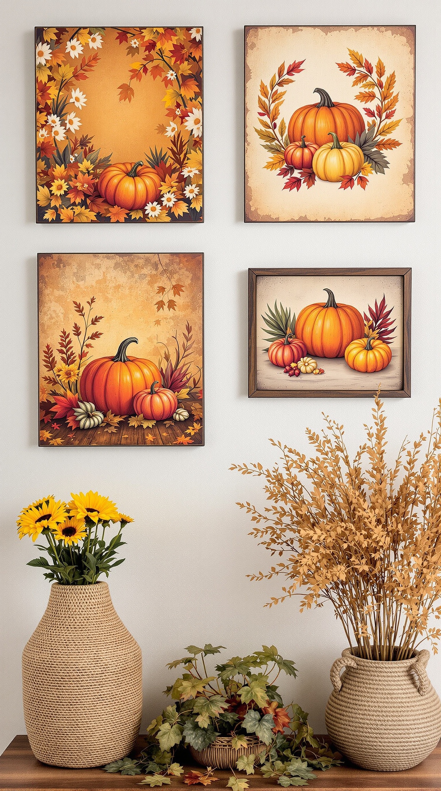 A collection of harvest-inspired wall art featuring pumpkins and autumn leaves, with vases of flowers and greenery in the foreground.