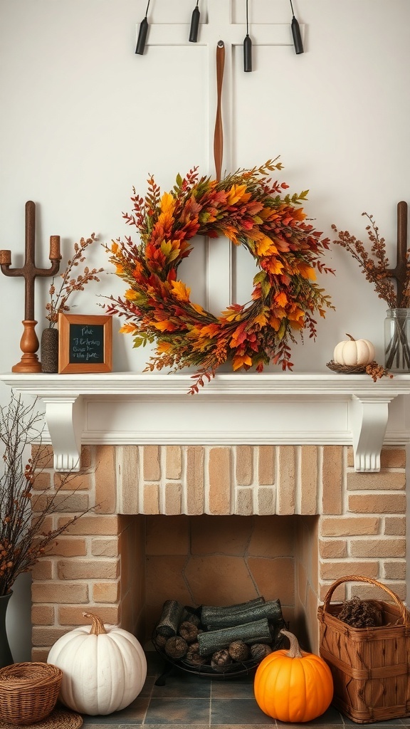 A beautiful harvest-inspired wreath with autumn leaves, placed above a fireplace decorated with pumpkins and rustic elements.