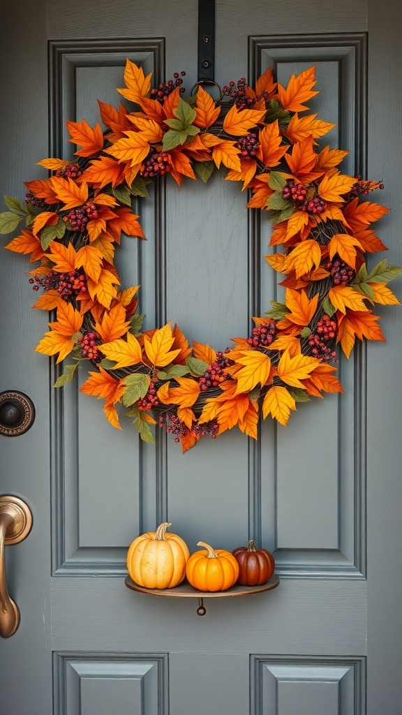 A vibrant autumn wreath made of orange and yellow leaves with red berries, hanging on a door, accompanied by three pumpkins on a small shelf.