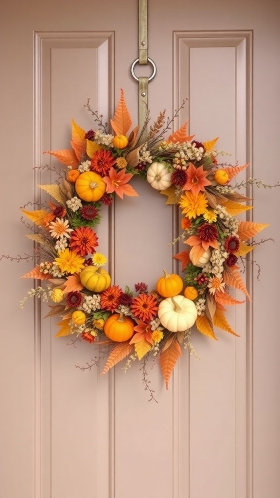 A vibrant harvest-inspired wreath featuring pumpkins, colorful leaves, and flowers, hanging on a door.