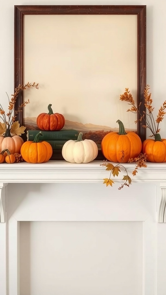 A fall mantel decorated with pumpkins, a landscape painting, and autumn leaves.