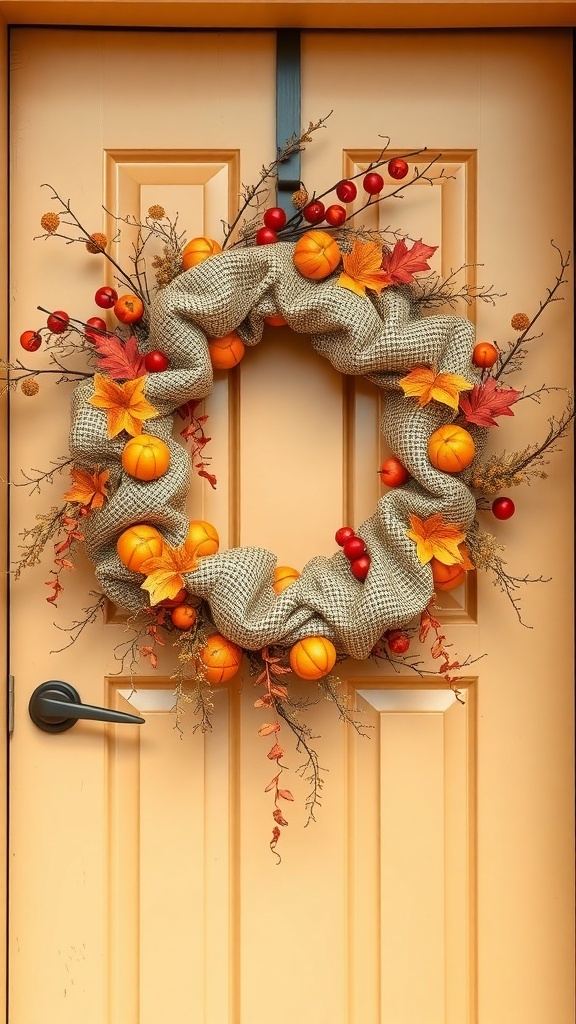 A harvest-themed burlap wreath with pumpkins, berries, and autumn leaves on a front door.