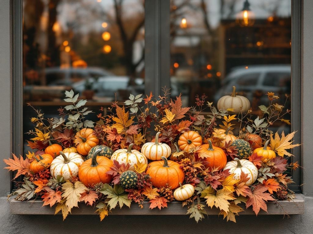A harvest-themed window display featuring pumpkins and autumn leaves.