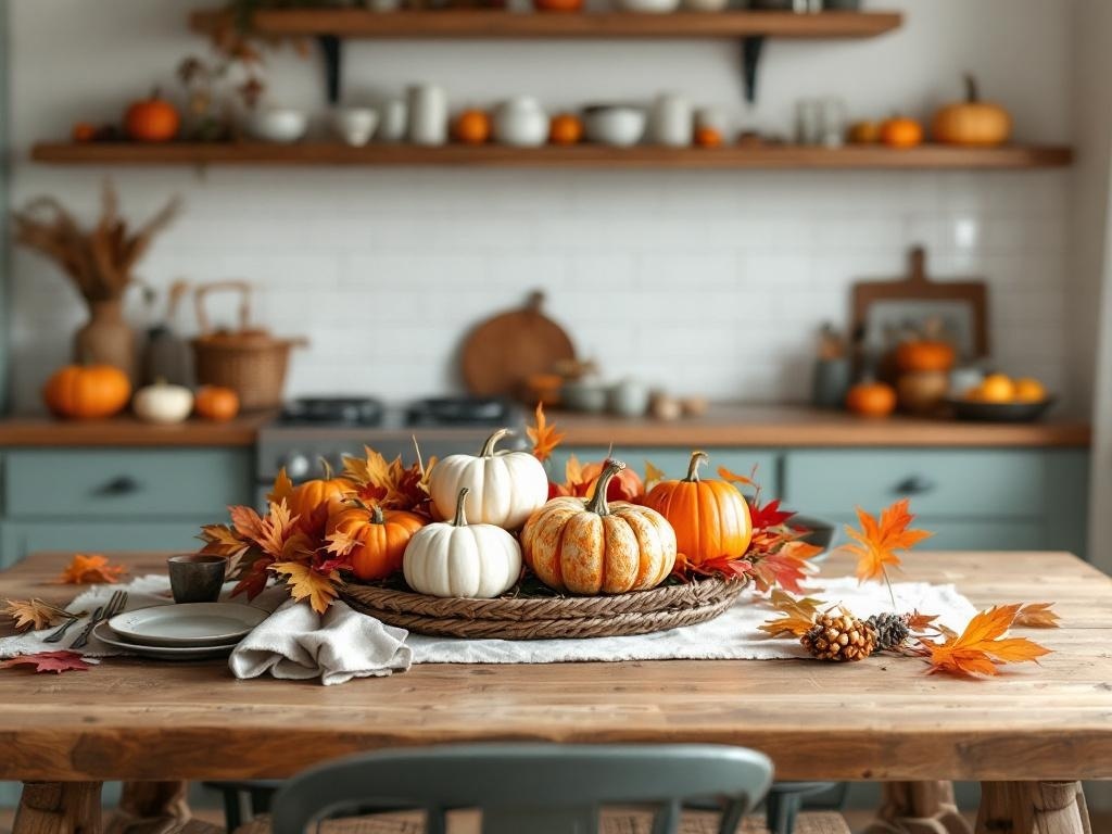 A cozy kitchen table decorated with pumpkins and autumn leaves, showcasing a harvest-themed centerpiece.