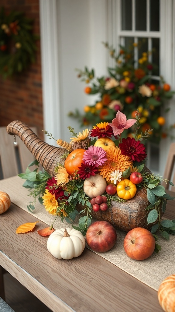 A harvest-themed centerpiece featuring a cornucopia filled with pumpkins, apples, and flowers on a porch table.