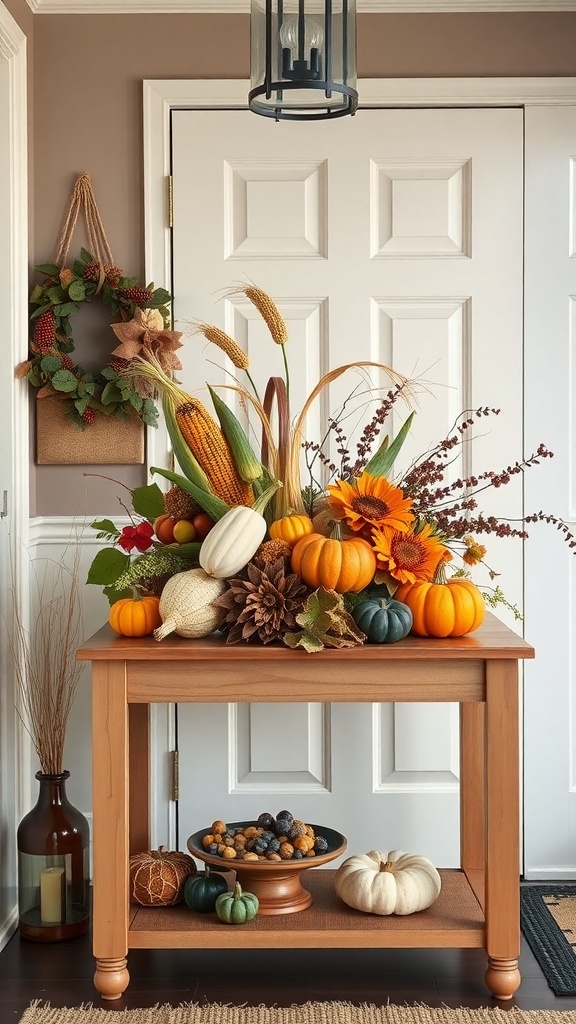 A fall entry table decorated with a harvest-themed centerpiece featuring pumpkins, sunflowers, and decorative elements.