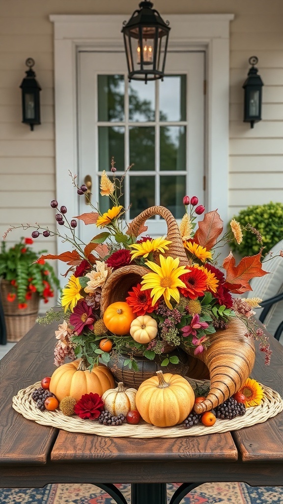 A harvest-themed centerpiece featuring a cornucopia filled with flowers, pumpkins, and autumn leaves on a porch table.
