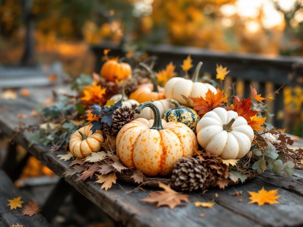 A harvest-themed centerpiece featuring various pumpkins, autumn leaves, and pinecones on a wooden table.