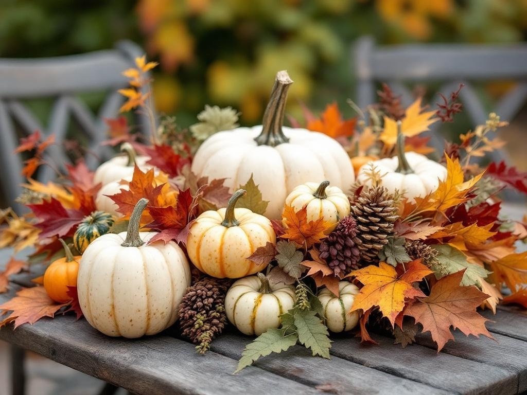 A harvest-themed centerpiece featuring white and orange pumpkins, colorful autumn leaves, and pinecones on a wooden table.