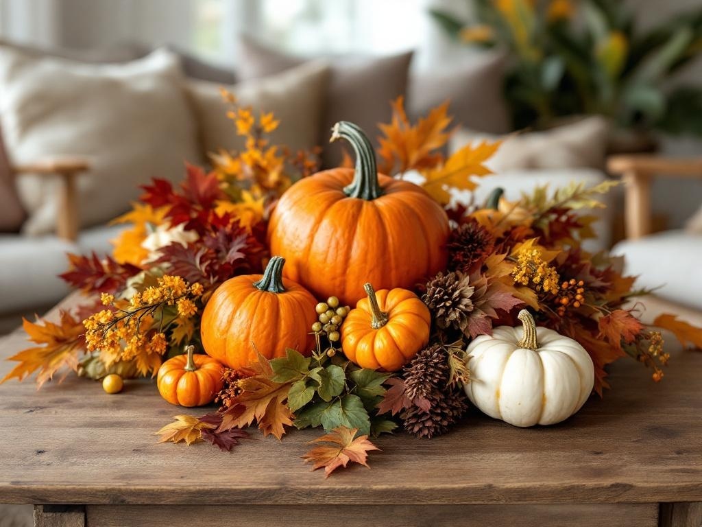 A harvest-themed centerpiece featuring pumpkins and autumn leaves on a wooden table.